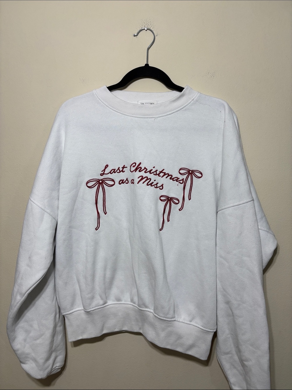 White Crewneck Sweatshirt with Red Last Christmas as a Miss Embroidery